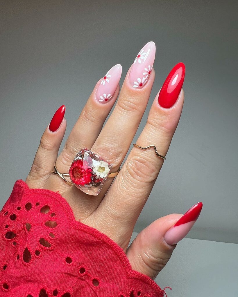 Red Almond Nails With Daisies