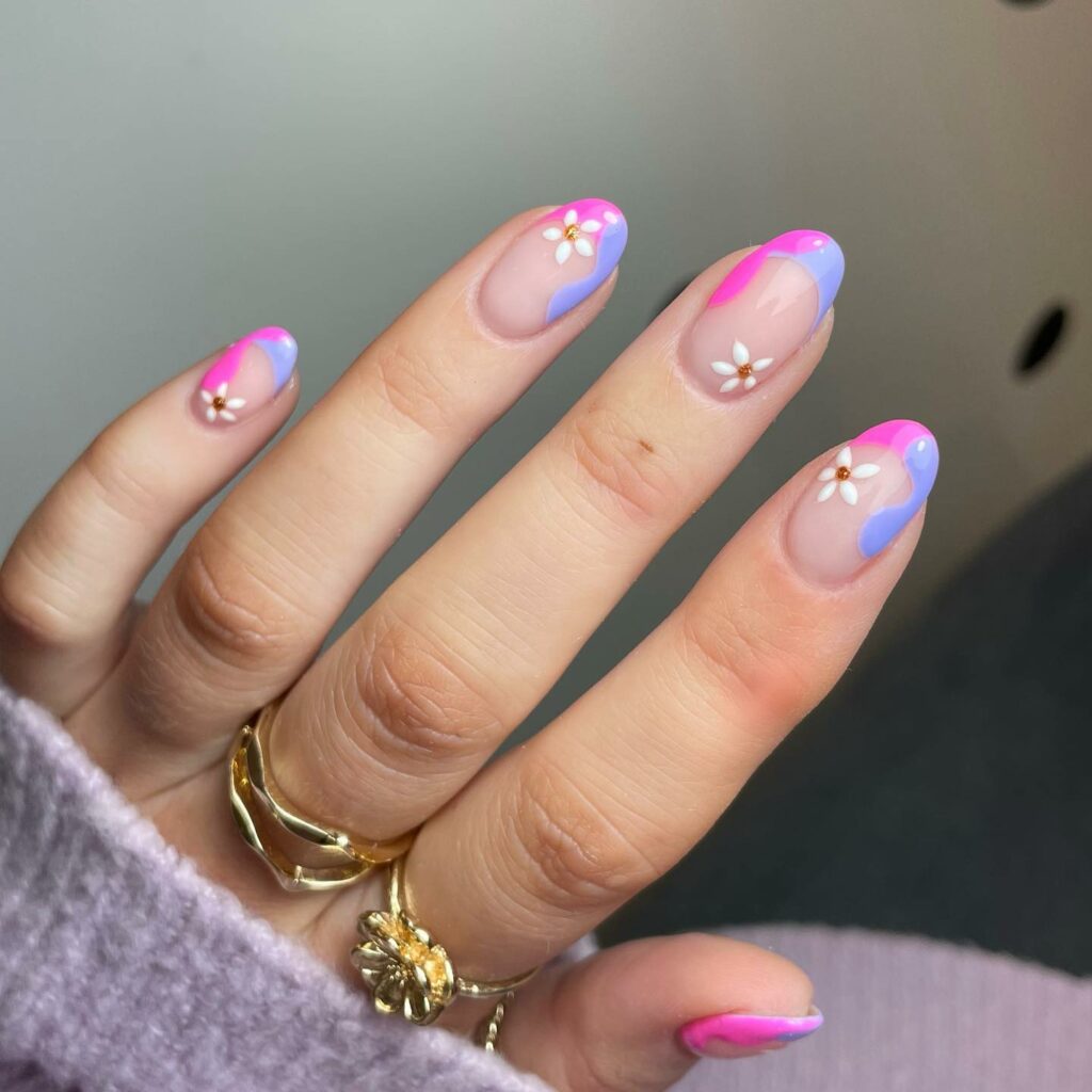 Pink And Purple French Nails With Flowers