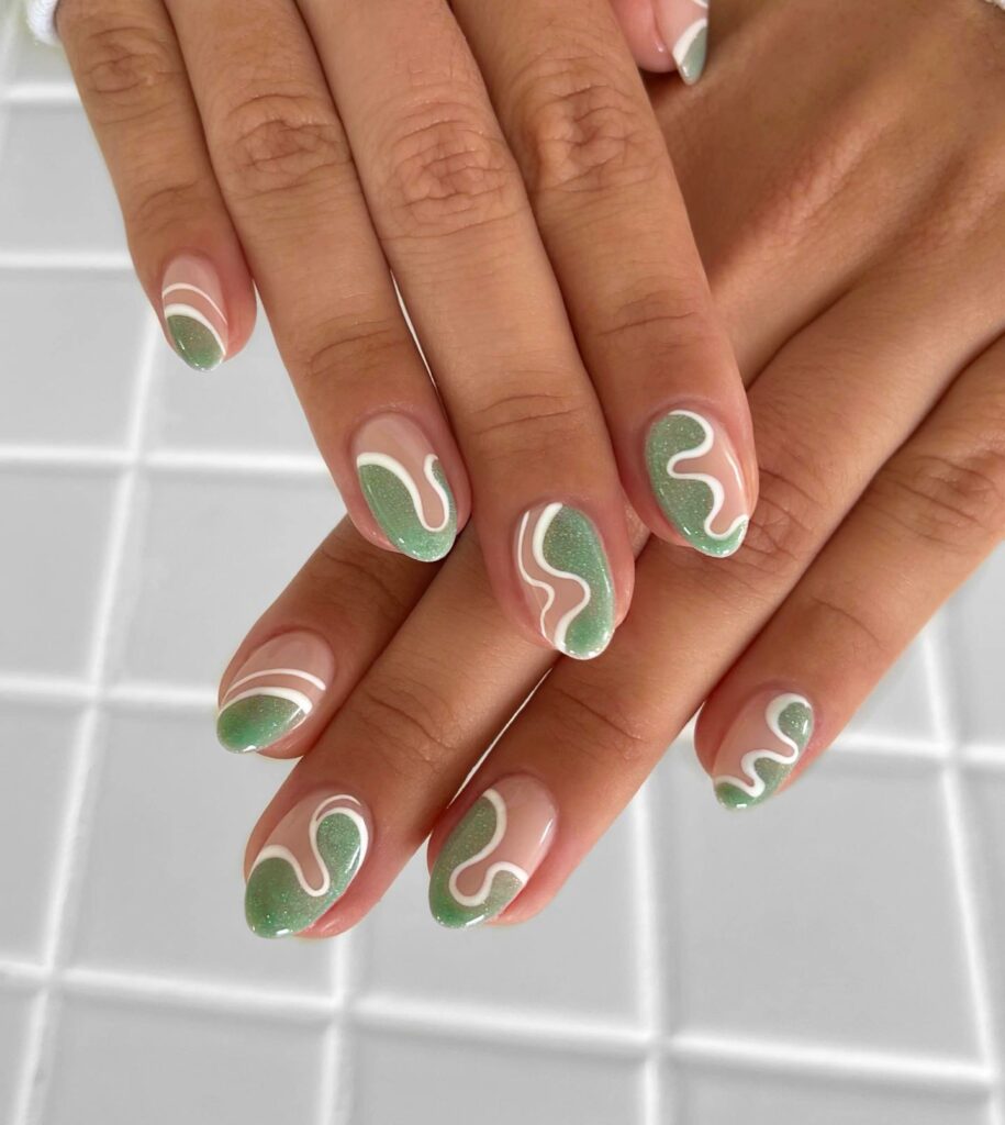 White And Green Swirl Nails With Glitter