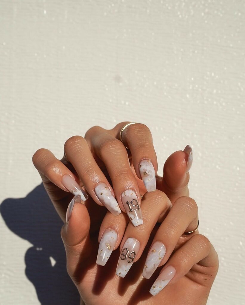 White And Brown Marble Nails With 1999 Design