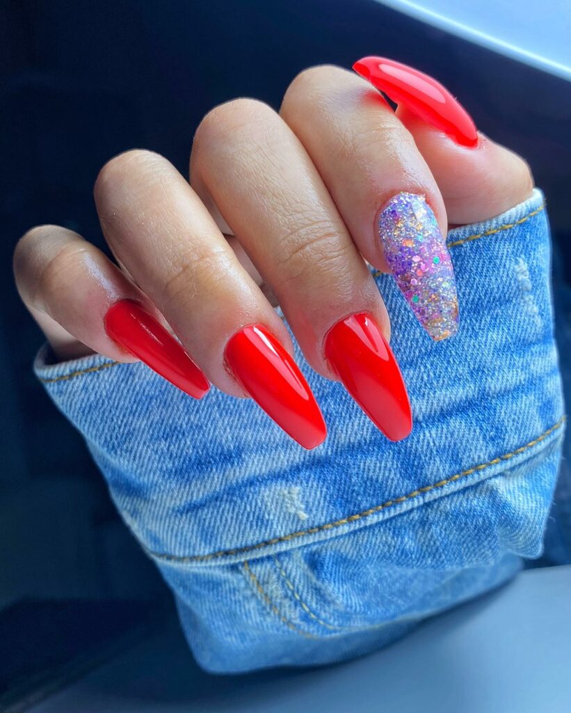 Red Coffin Nail With Colorful Glitters
