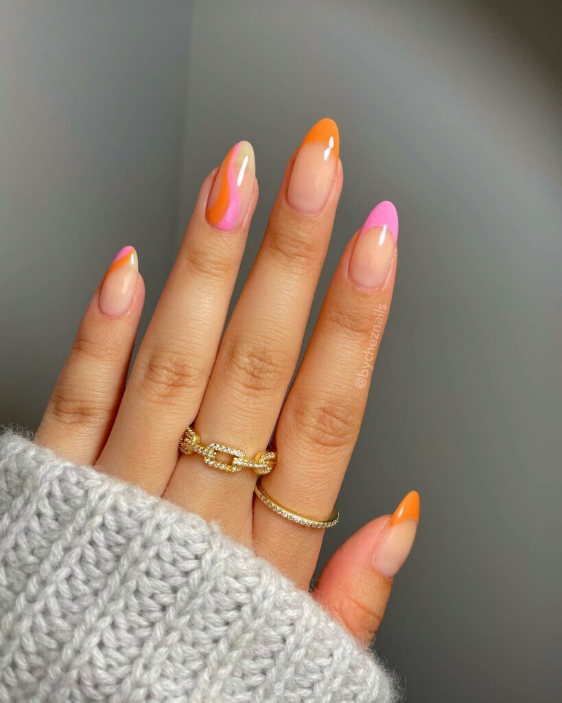 Pink And Orange French Nails With Swirls