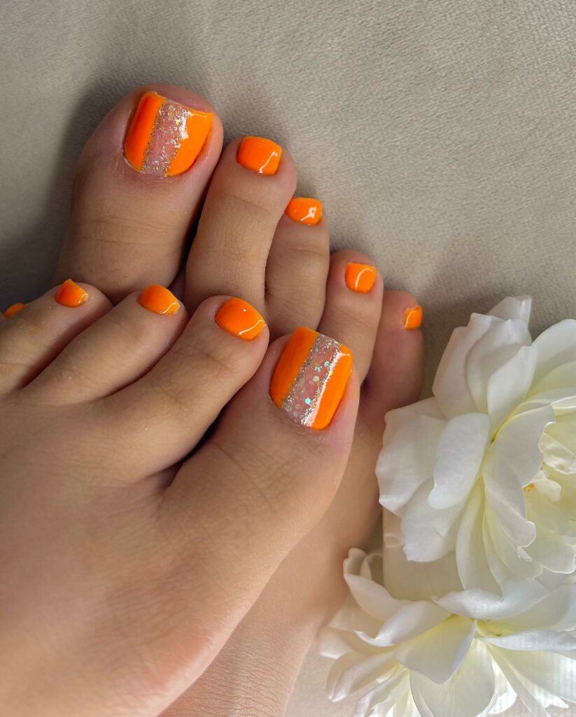 Orange Abstract Pedicure With Glitters