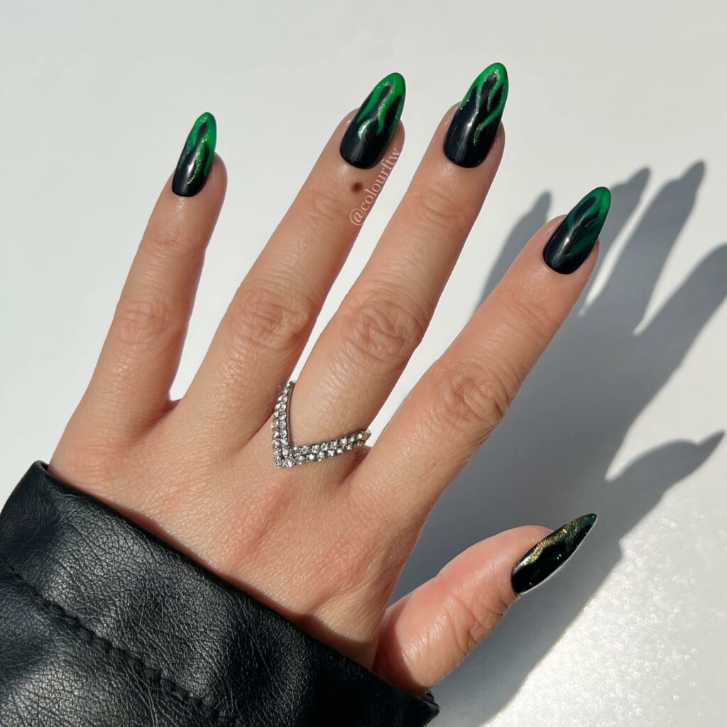 Green And Black Nails With Flame Design