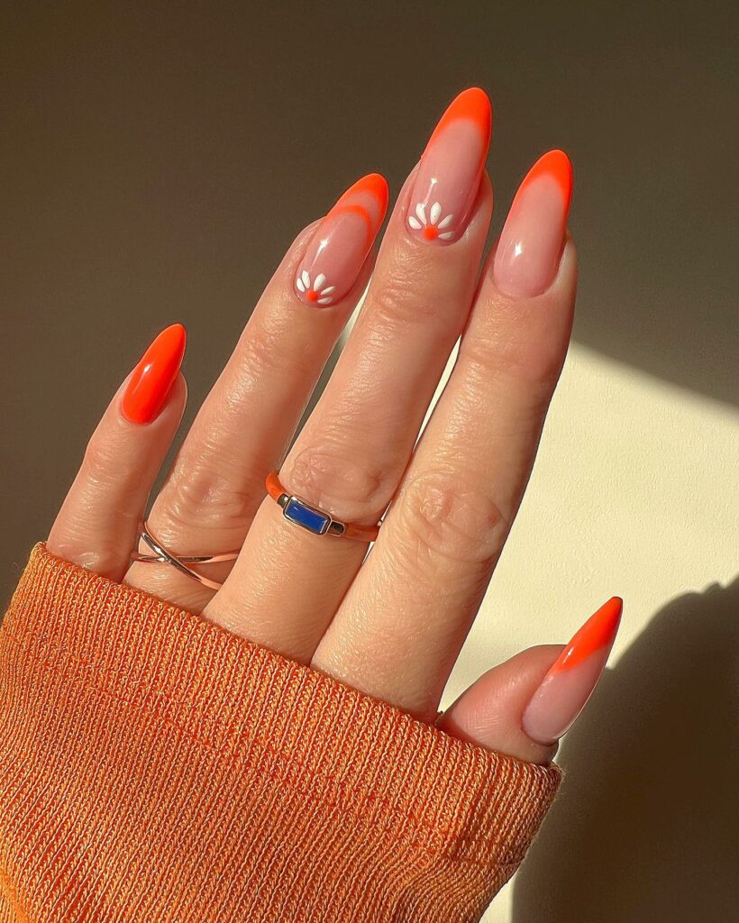 Orange French Tip Nails With Daisy Flowers