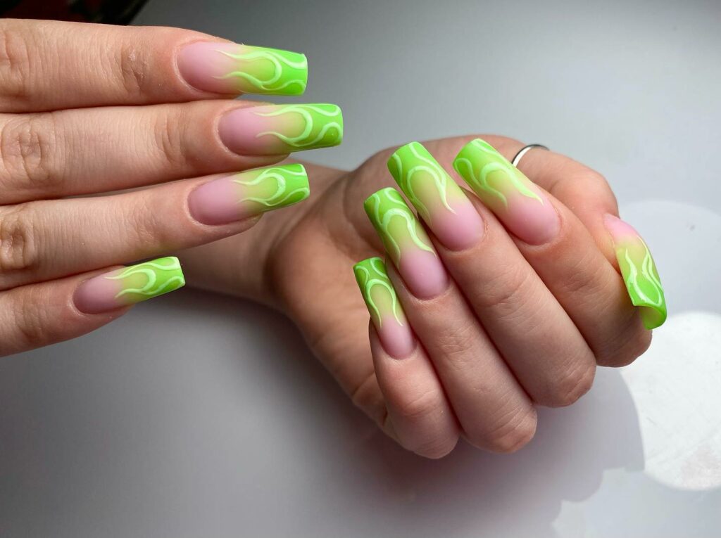 Matte Green Ombre Nails With Flame Design