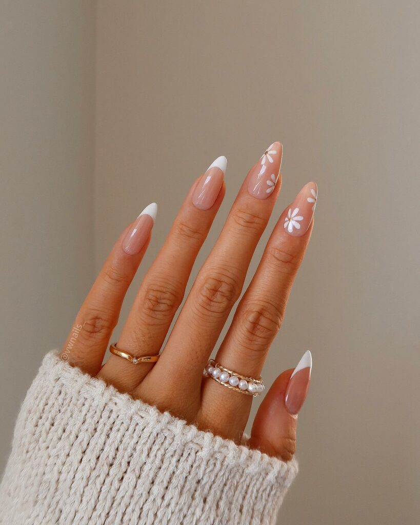 Nude And White French Nails With Flower