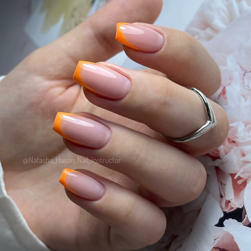 Orange French Tip On Pink Base Nails