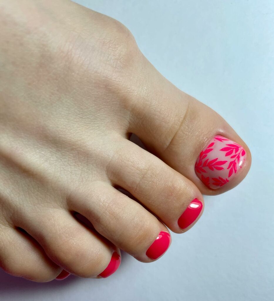 Hot Pink Accent Pedicure With Leaves Design