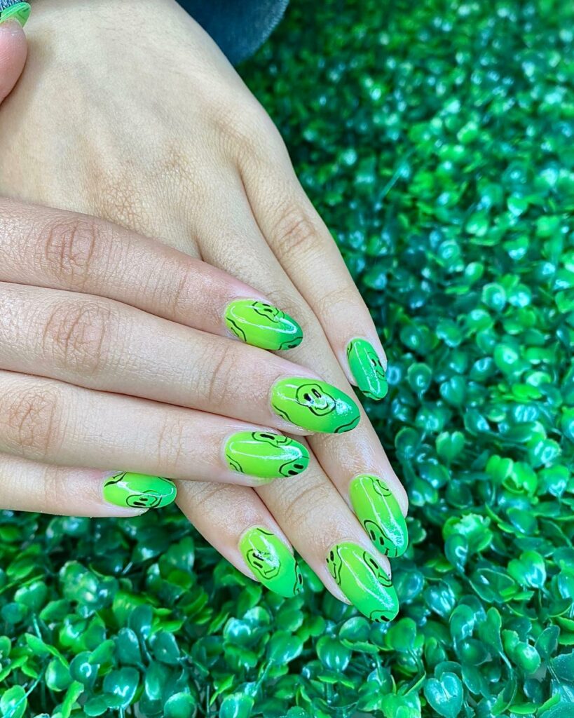 Green Ombre Nails With Emoji Design