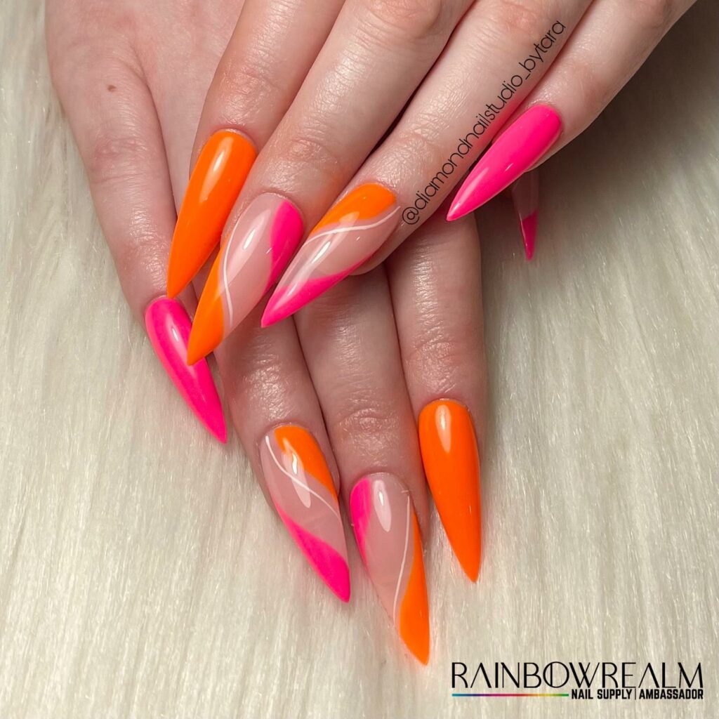 Abstract Pink And Orange Stiletto Nails