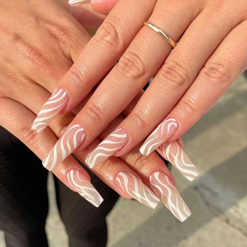Nude And White Swirl Coffin Nails 