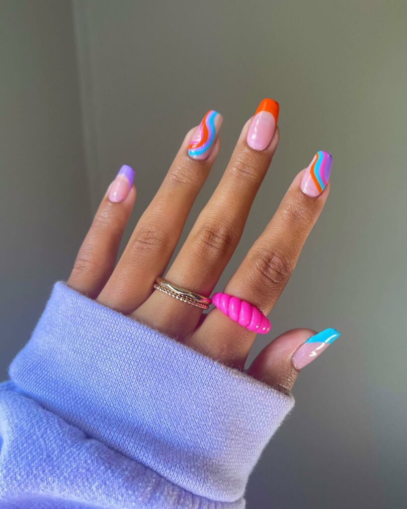 Multi-Colored Nails With French And Swirls