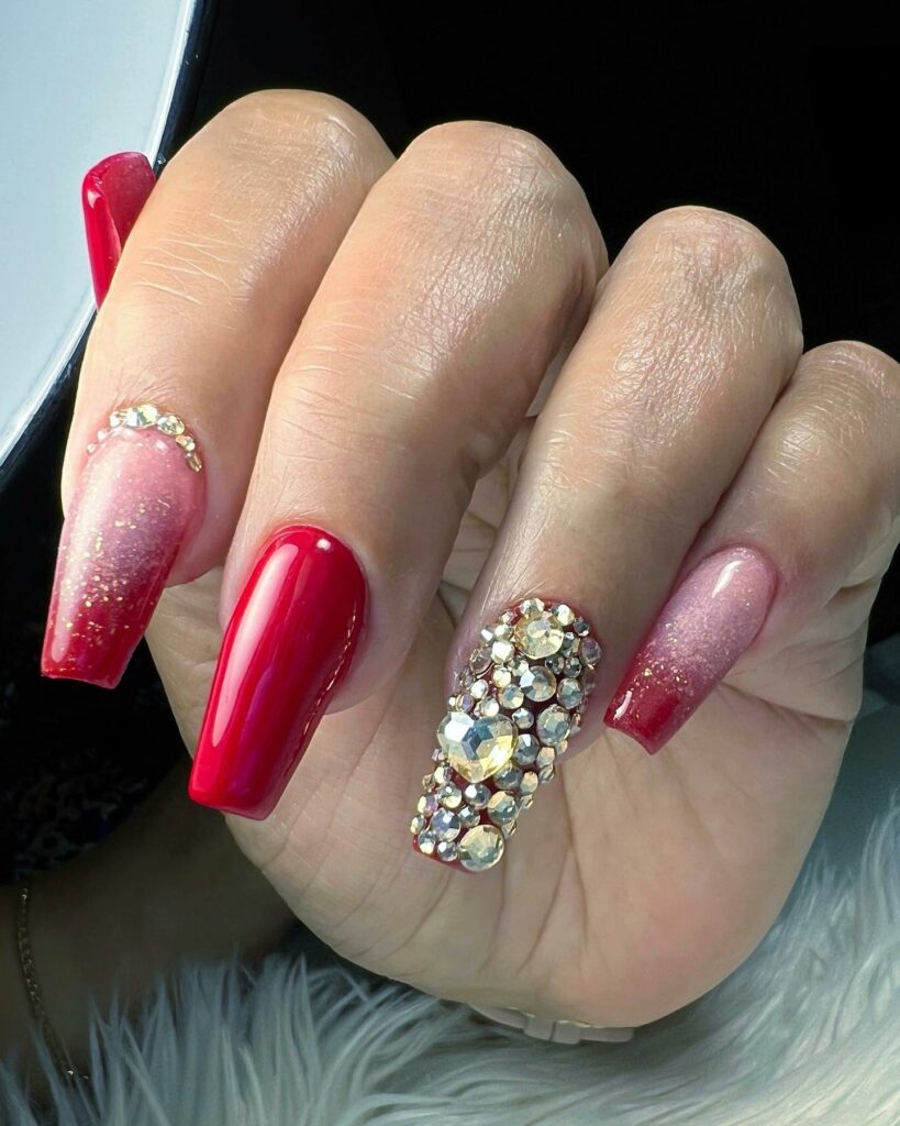 Red Ombre Coffin Nail With Rhinestones