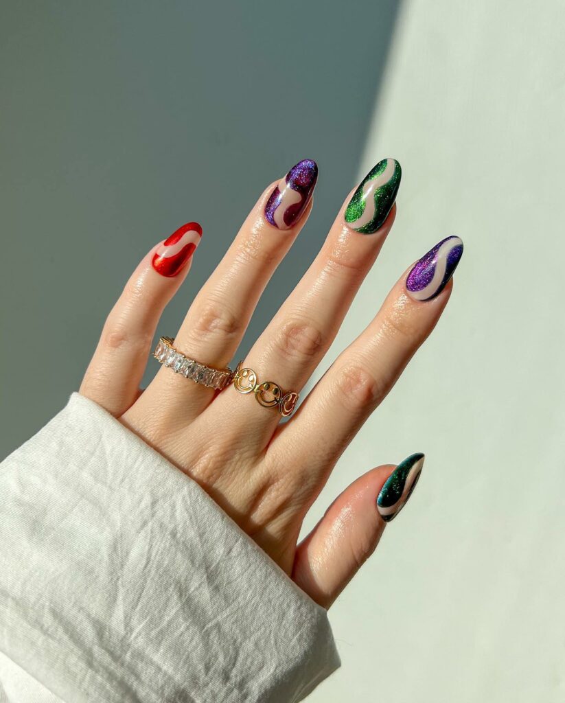 Multi-Colored Abstract Nails With Glitter