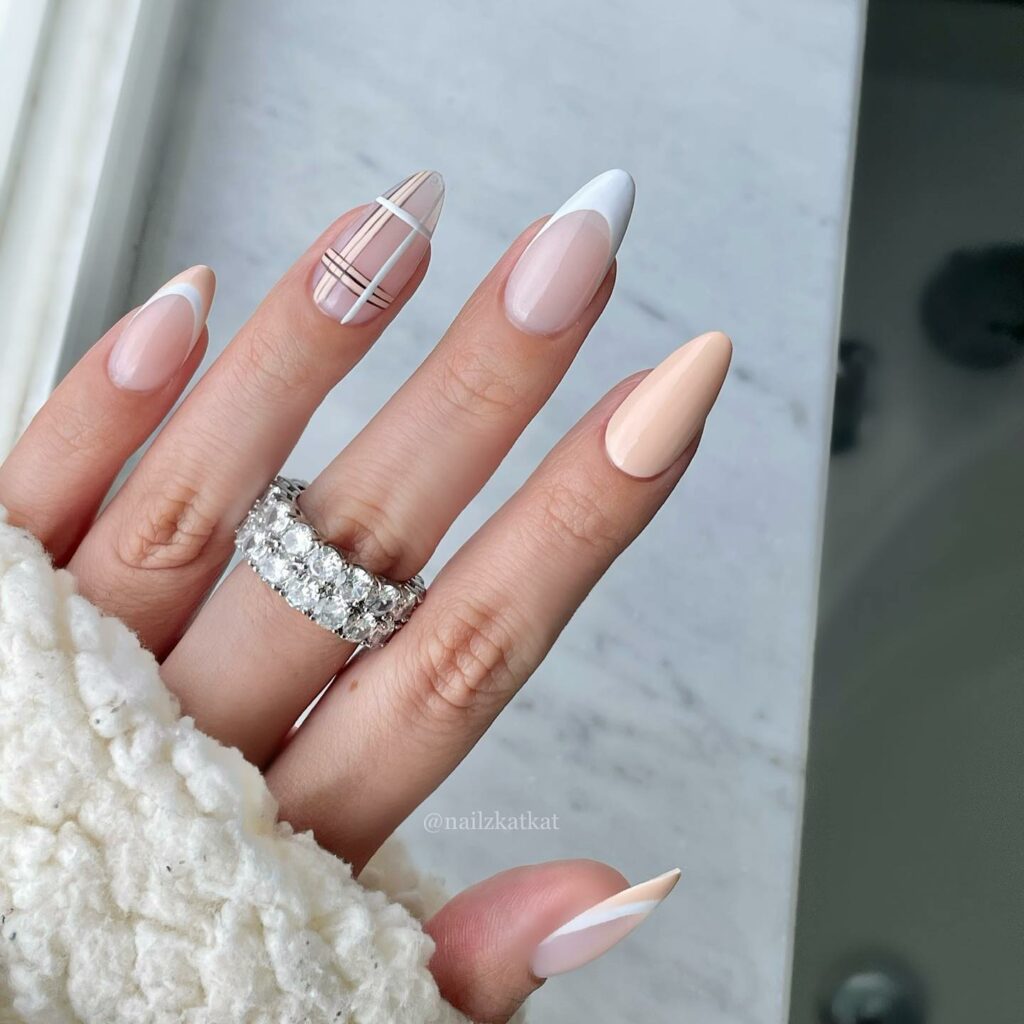 Nude And White Nails With Plaid Design