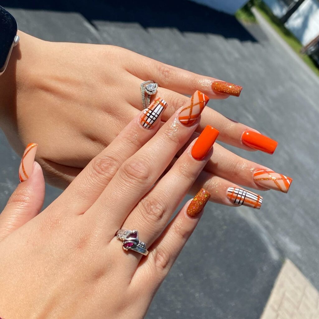 Orange Plaid Nails With Glitters
