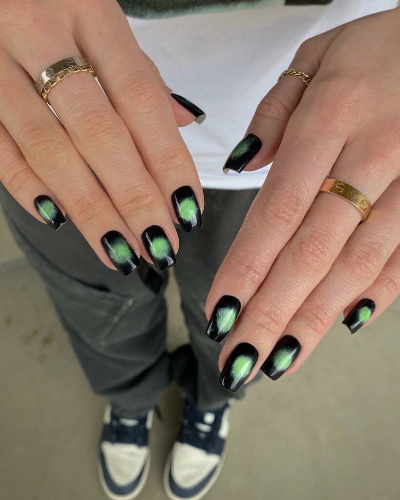 Small Green And Black Aura Square Nails 