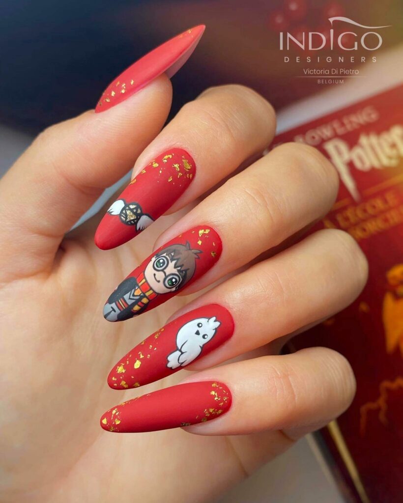 Cute Harry Potter And Hedwig On Red Almond Nails