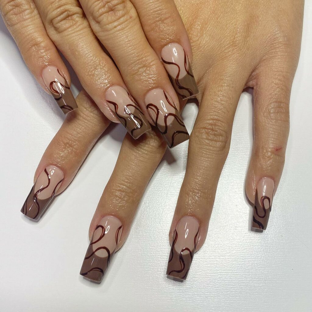 Brown French Nail With Chocolate Swirl 