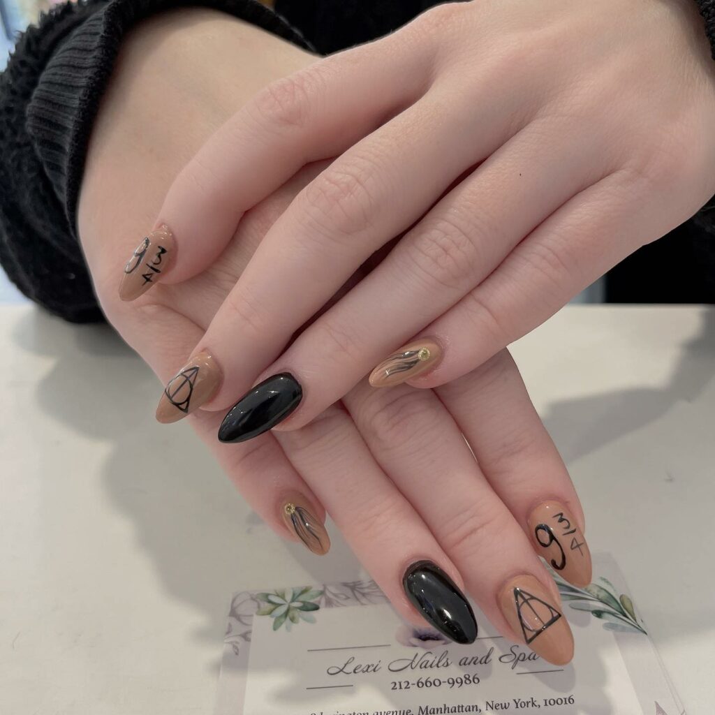 Golden Snitch And Deathly Hollows Design On Light Brown Nails
