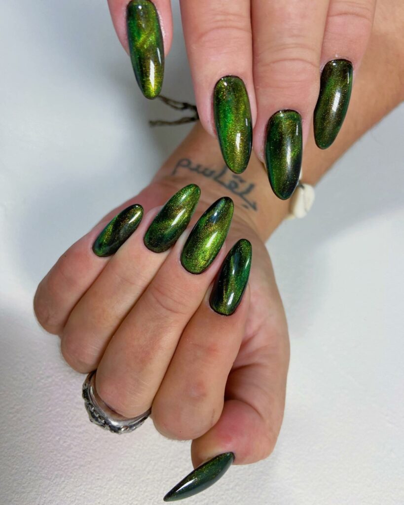 Long Almond Green And Black Ombre Nails