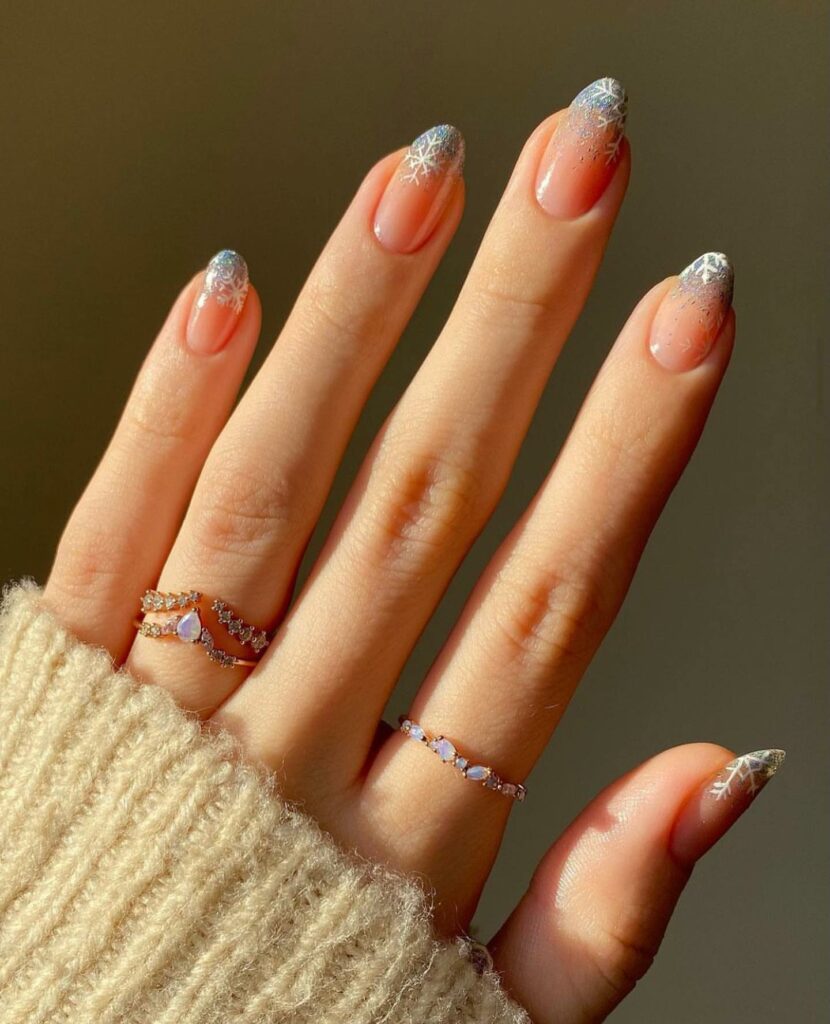 Winter French Tip Nails With Glitters