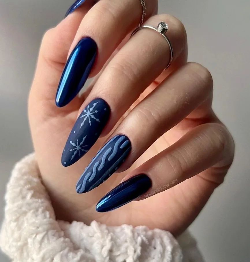 Matte And Metallic Dark Blue Winter Nails