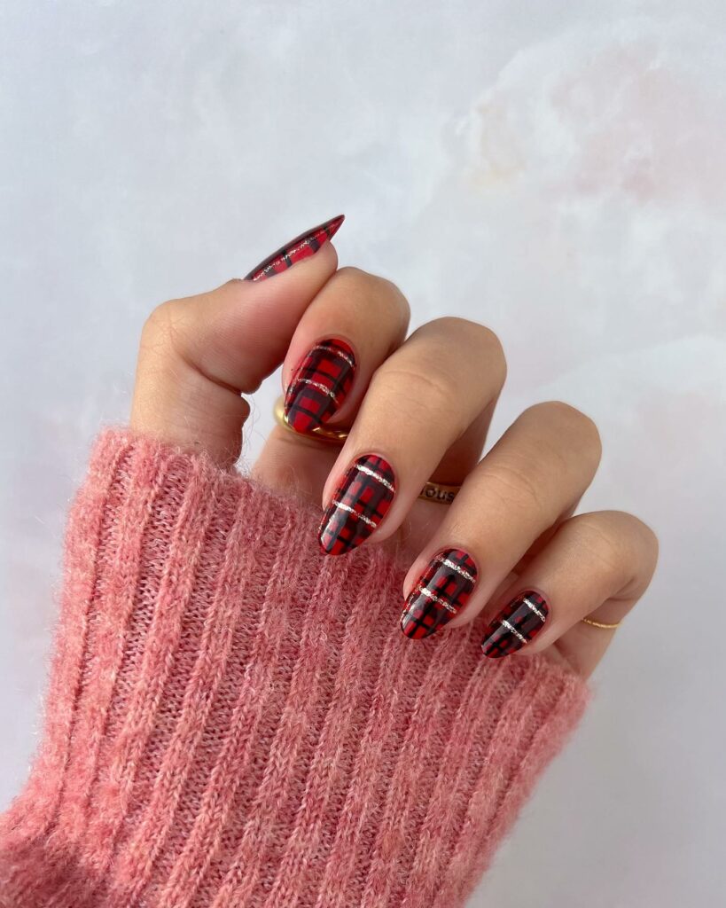Red Plaid Nails With Silver Line