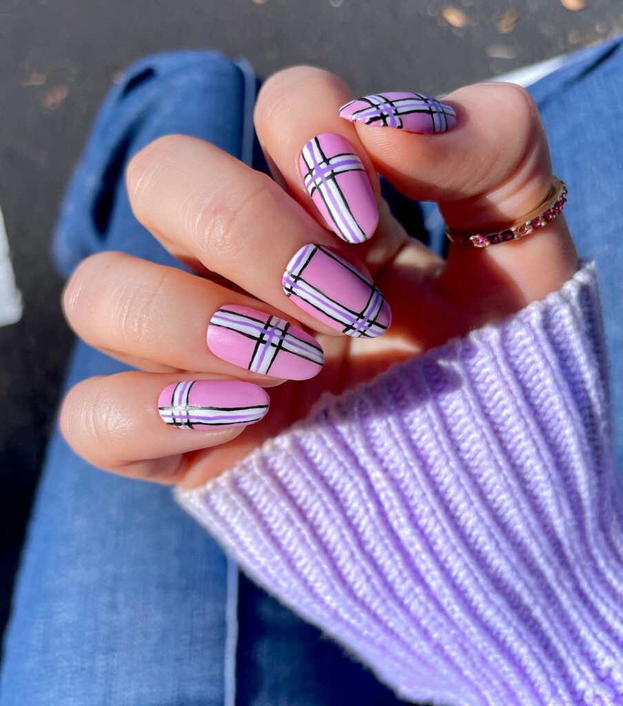 Purple And Pink Plaid Nails