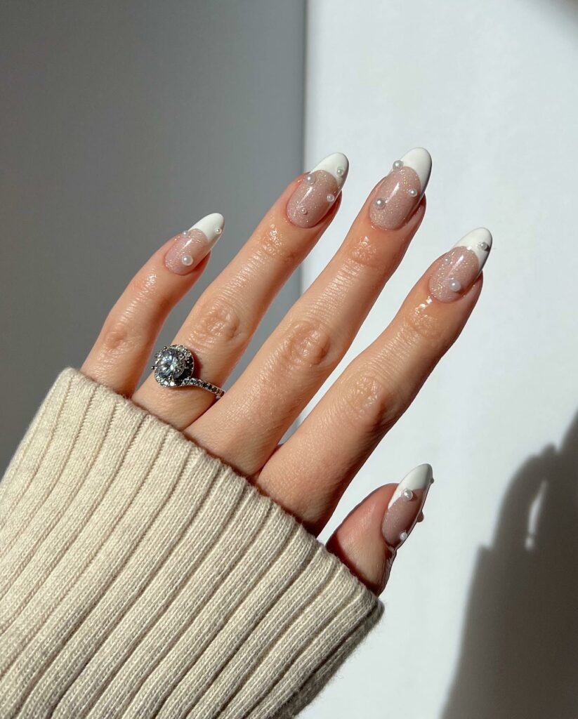 Nude And White French Nails With Pearls And Glitter