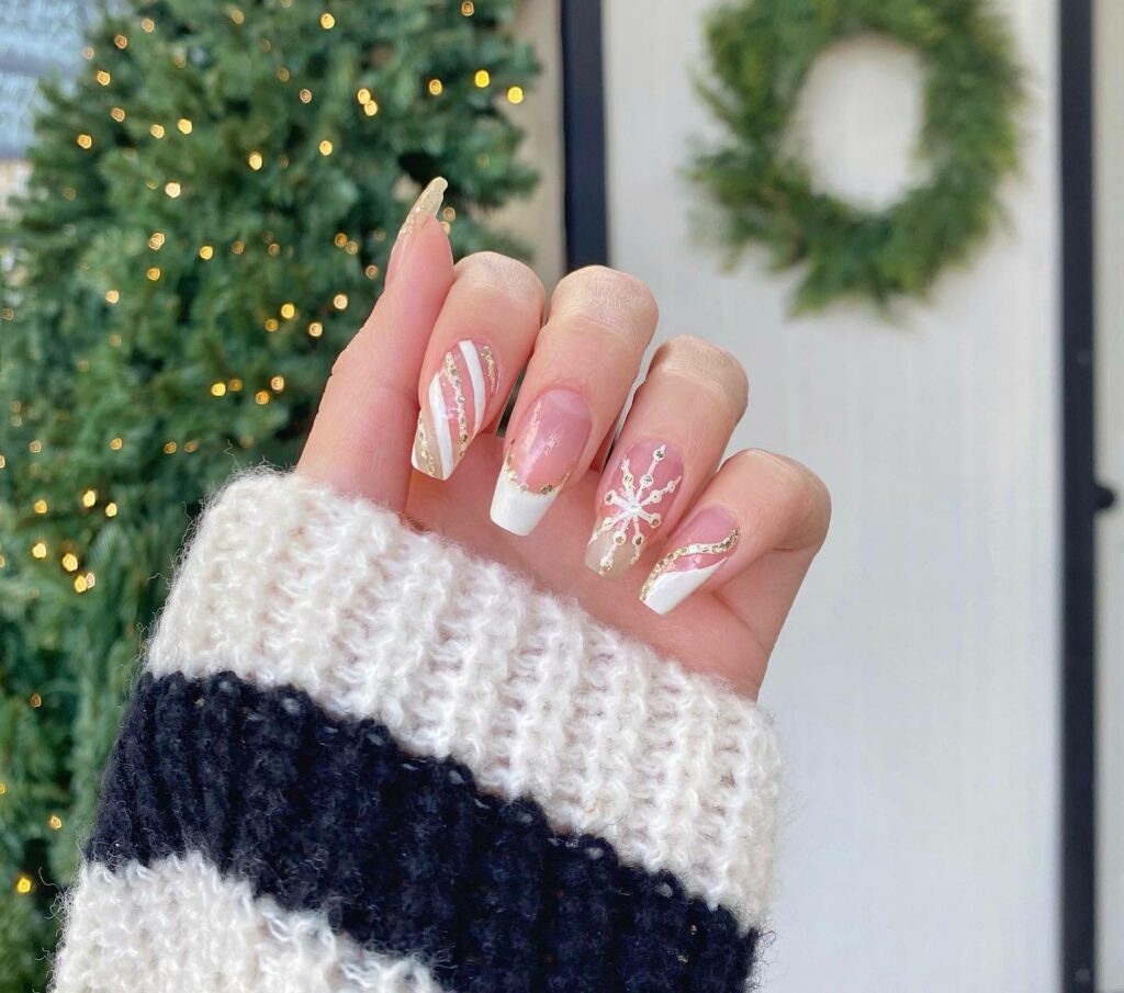 White Winter French Nails With Gold Glitters