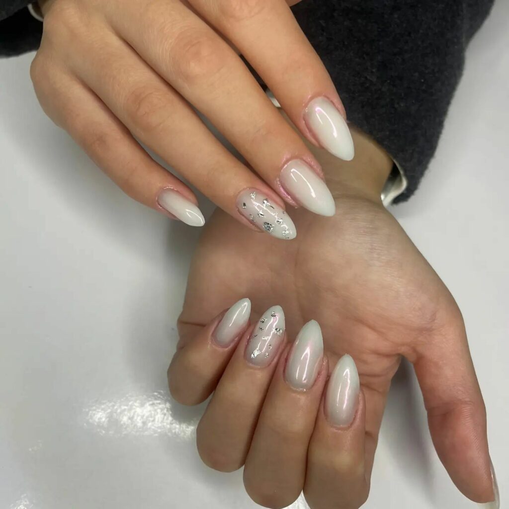 White Pearl Nails With Silver Foils