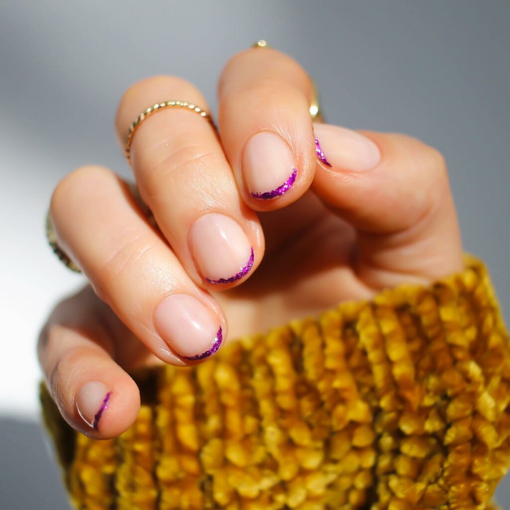 Thin Purple Glitter French Tip Nails