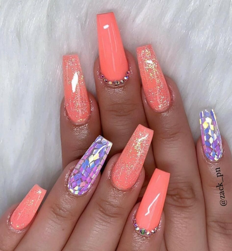 Coffin Coral Nails With Glitter And Rhinestones