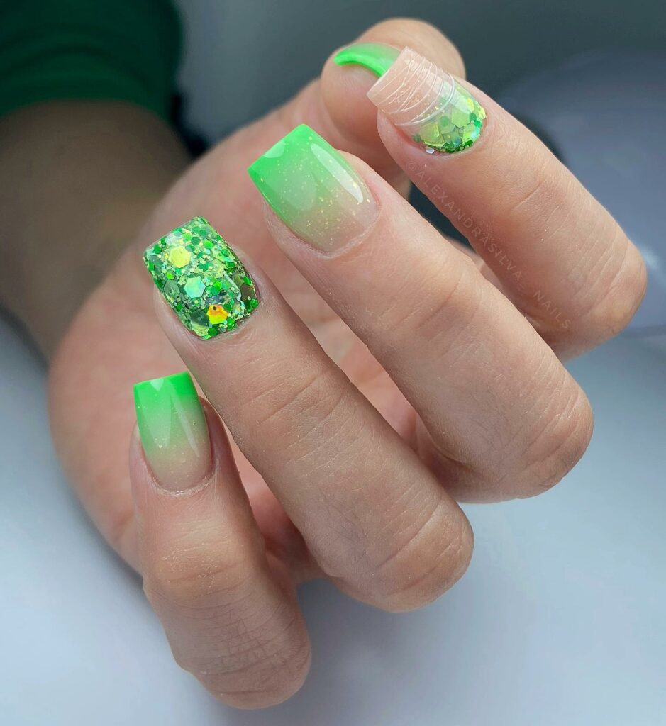 Green Ombre Small Nails With Glitters