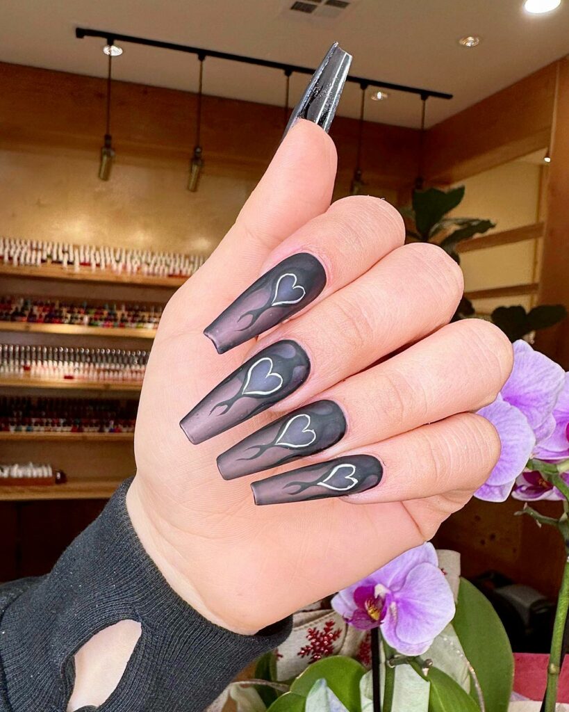 Black February Coffin Nails With Heart Design