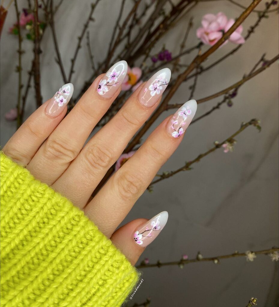 February Almond Nails With Cherry Blossoms Design