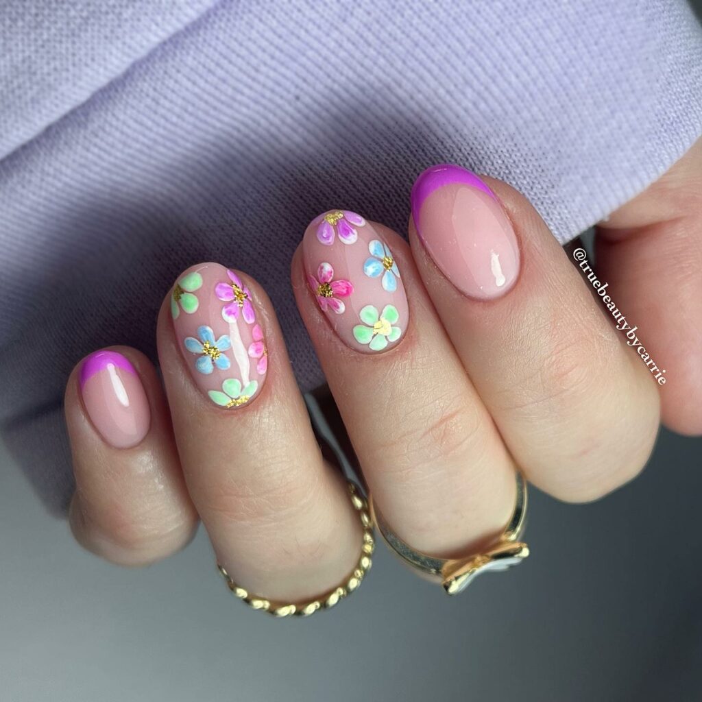 February French Nails With Colorful Daisies