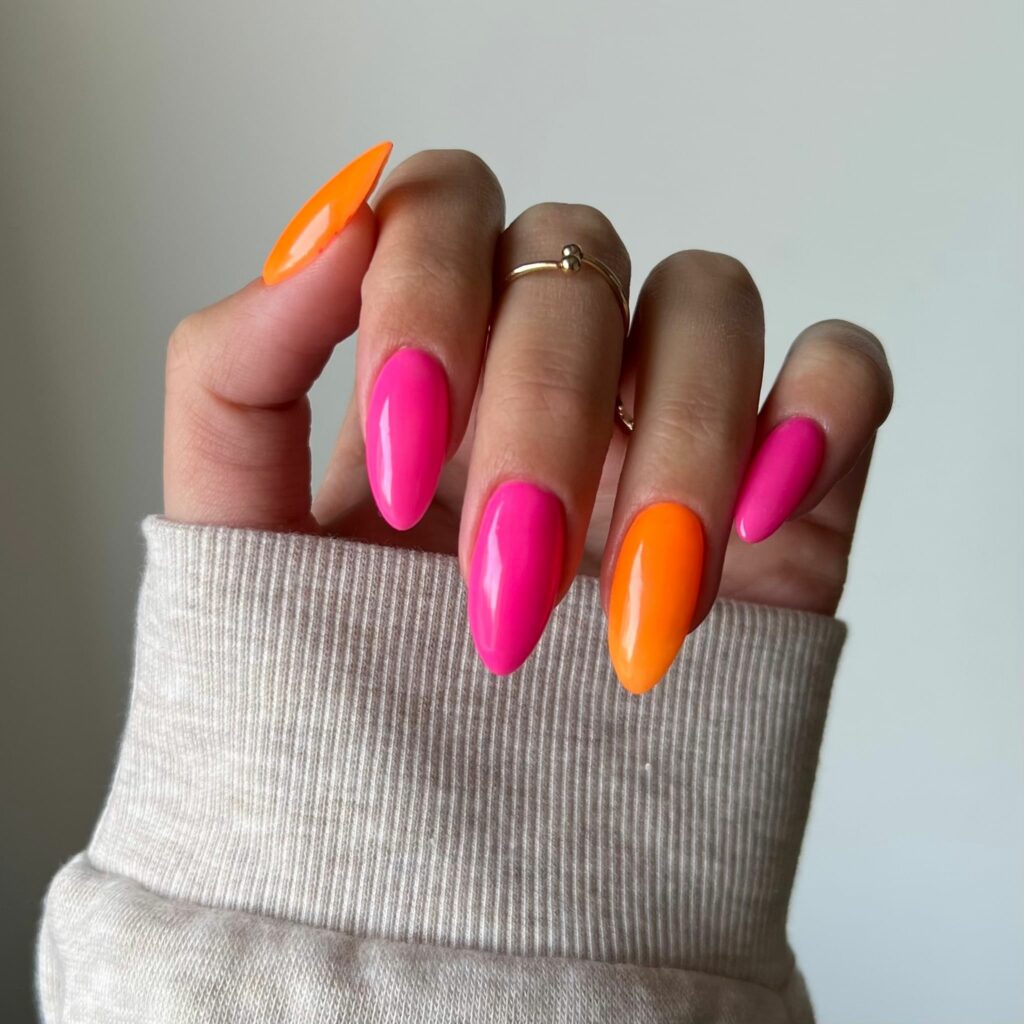 Pink And Orange Almond Nails