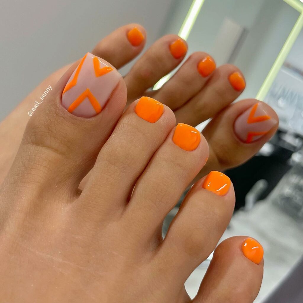 Orange Pedicure With Amazing Pattern