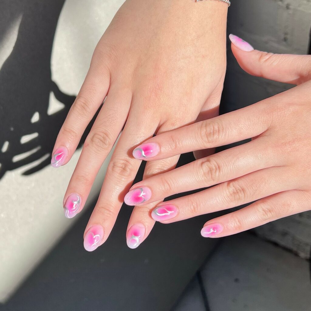 Blush Short Pink Nails with Swirly Silver