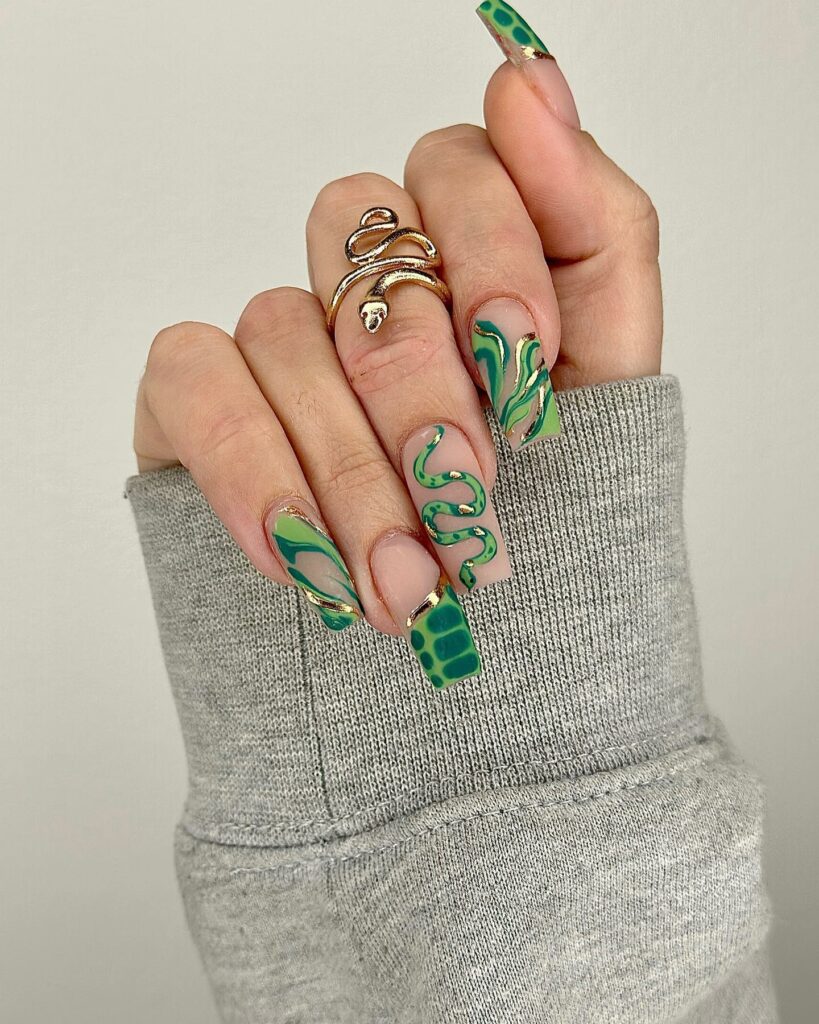 Green Snake Design Nails With Gold Foils