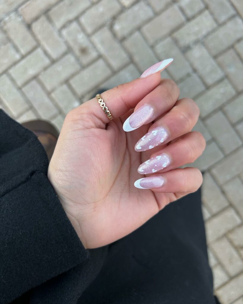 White French February Nails With Hearts And Glitter