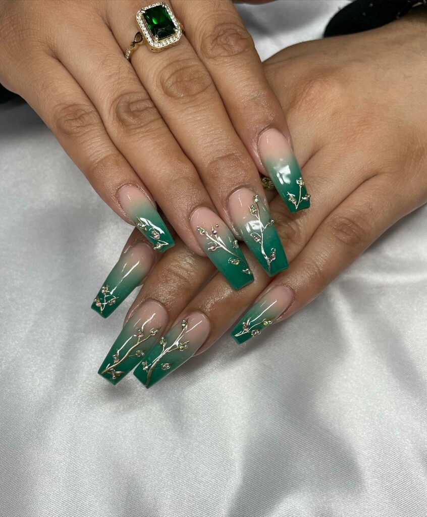 Green Ombre Nails With Branches Design