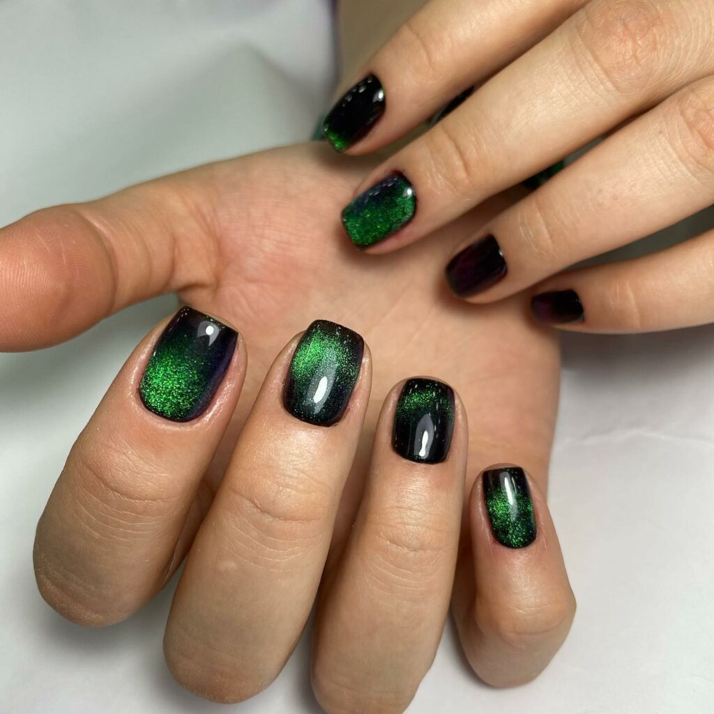 Green And Black Ombre Nails With Glitters