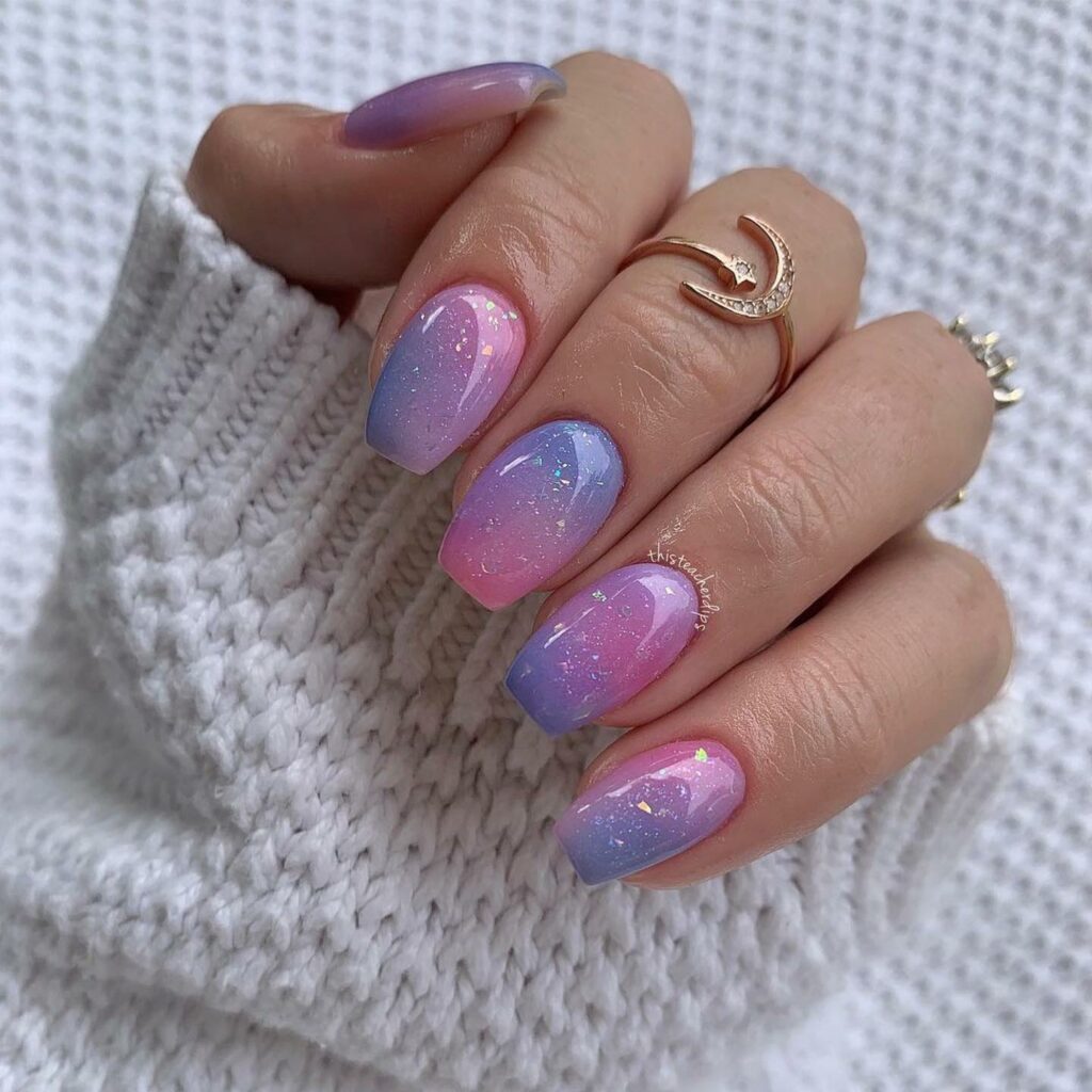 Pink And Blue Cotton Candy Nails With Glitters