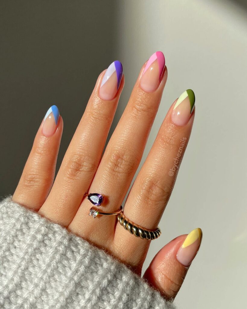 Multi-Colored Almond V Tip French Nails
