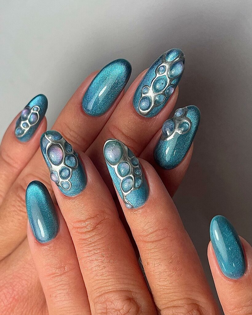 Glossy Blue Nails With Bubble Design