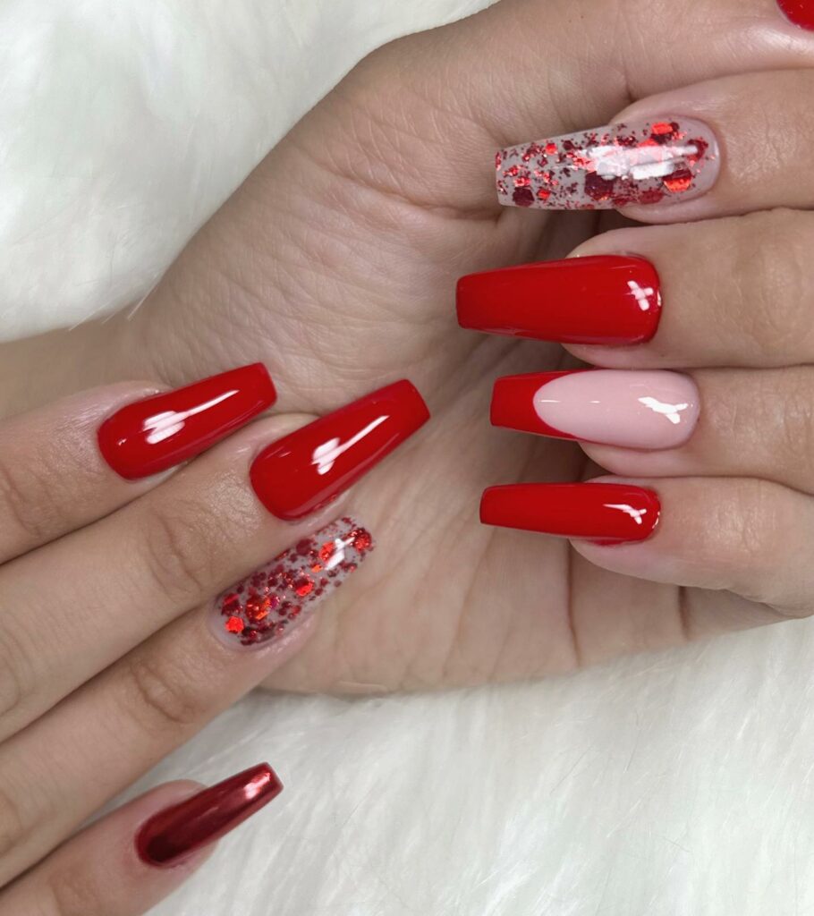 Red Coffin Nails With Red Glitters